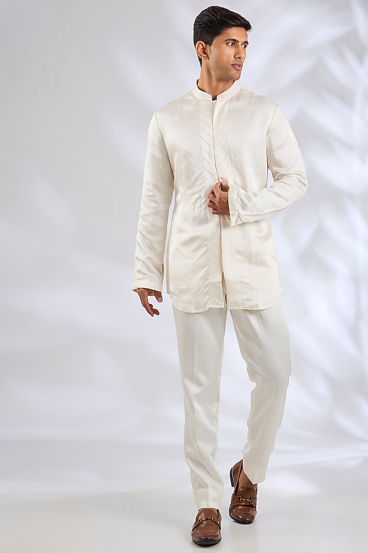 Ivory Linen Silk Zardosi Hand Embroidered Groom Indowestern Jacket Set by Jatin Malik at Pernia's Pop Up Shop