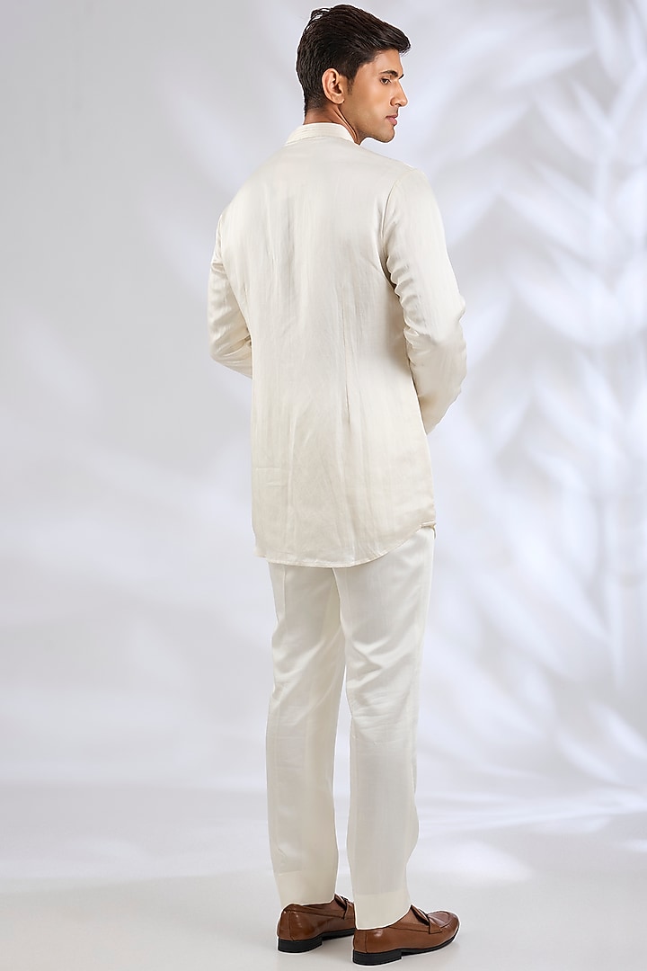 Ivory Linen Silk Zardosi Hand Embroidered Groom Indowestern Jacket Set by Jatin Malik at Pernia's Pop Up Shop