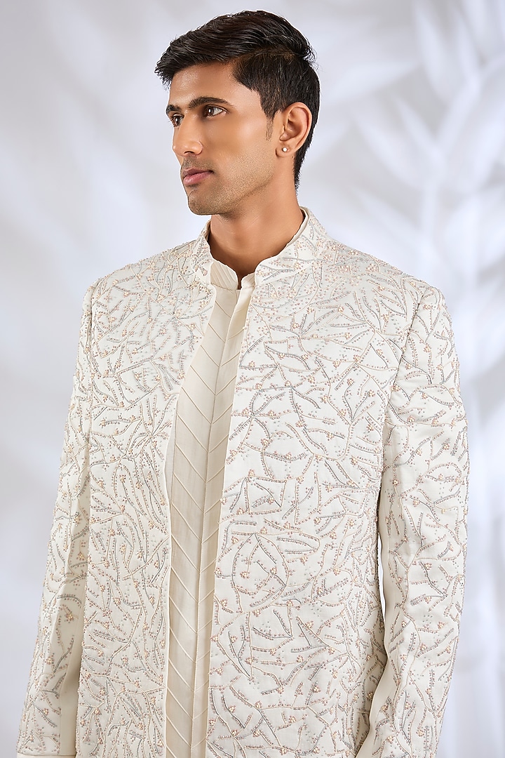Ivory Linen Silk Zardosi Hand Embroidered Groom Indowestern Jacket Set by Jatin Malik at Pernia's Pop Up Shop