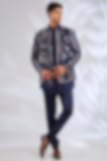 Oceanic Purple Linen Silk Hand Embroidered Groom Indowestern Jacket Set by Jatin Malik at Pernia's Pop Up Shop