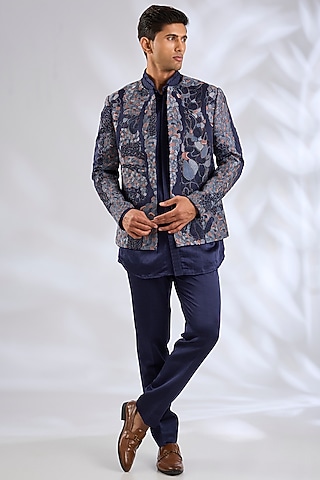 Oceanic Purple Linen Silk Hand Embroidered Indowestern Jacket Set by Jatin Malik