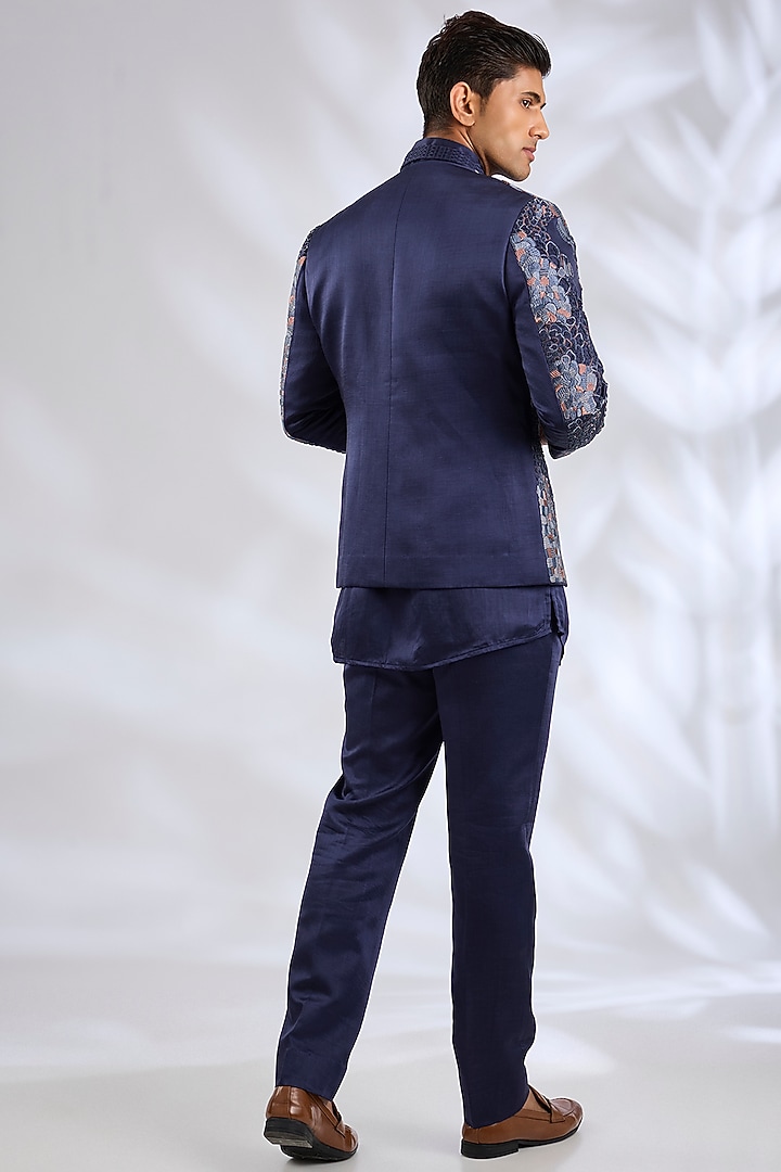 Oceanic Purple Linen Silk Hand Embroidered Groom Indowestern Jacket Set by Jatin Malik at Pernia's Pop Up Shop