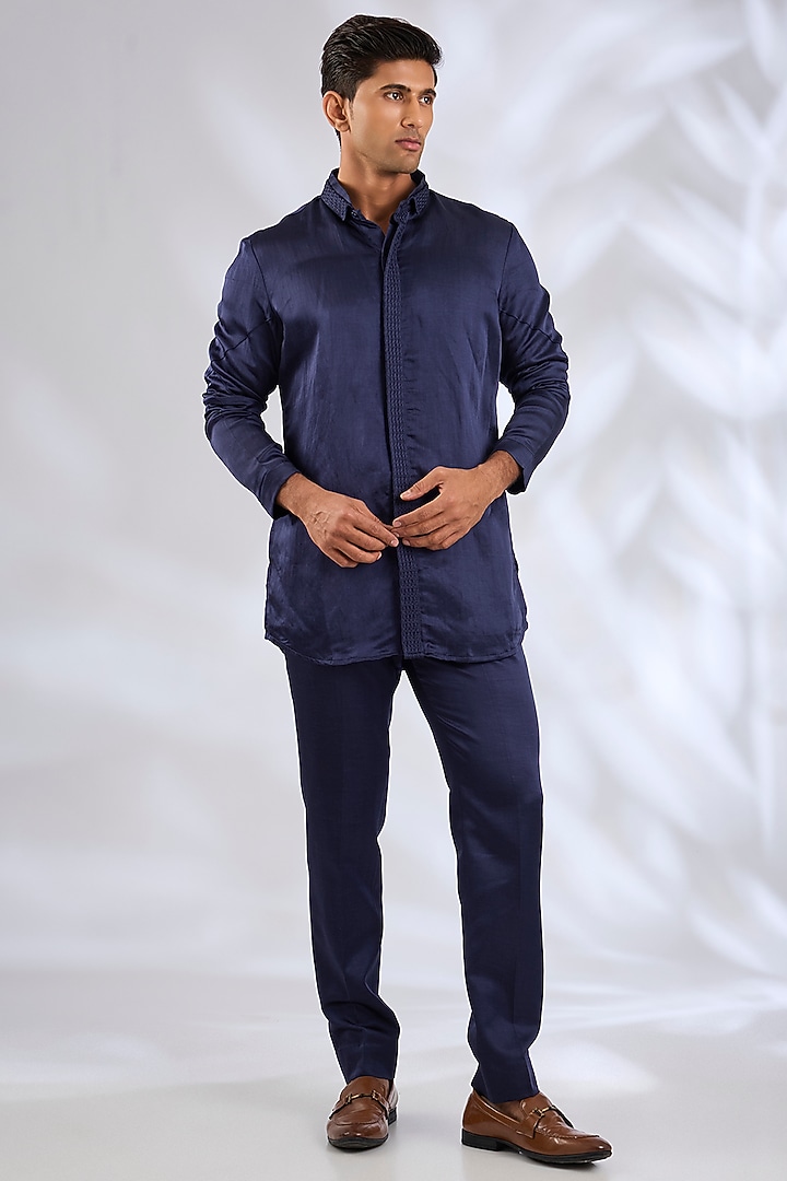Oceanic Purple Linen Silk Hand Embroidered Groom Indowestern Jacket Set by Jatin Malik at Pernia's Pop Up Shop