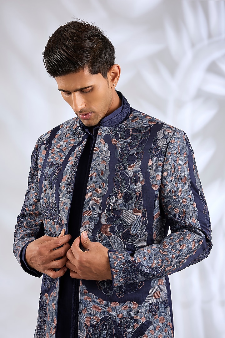 Oceanic Purple Linen Silk Hand Embroidered Groom Indowestern Jacket Set by Jatin Malik at Pernia's Pop Up Shop