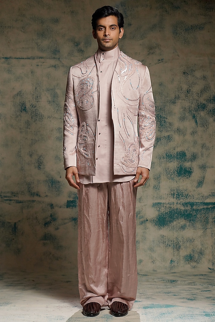 Mauve Linen Silk Hand Embroidered Blazer Set by Jatin Malik at Pernia's Pop Up Shop