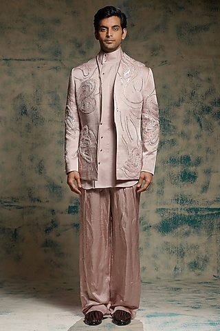 Mauve Linen Silk Hand Embroidered Blazer Set by Jatin Malik