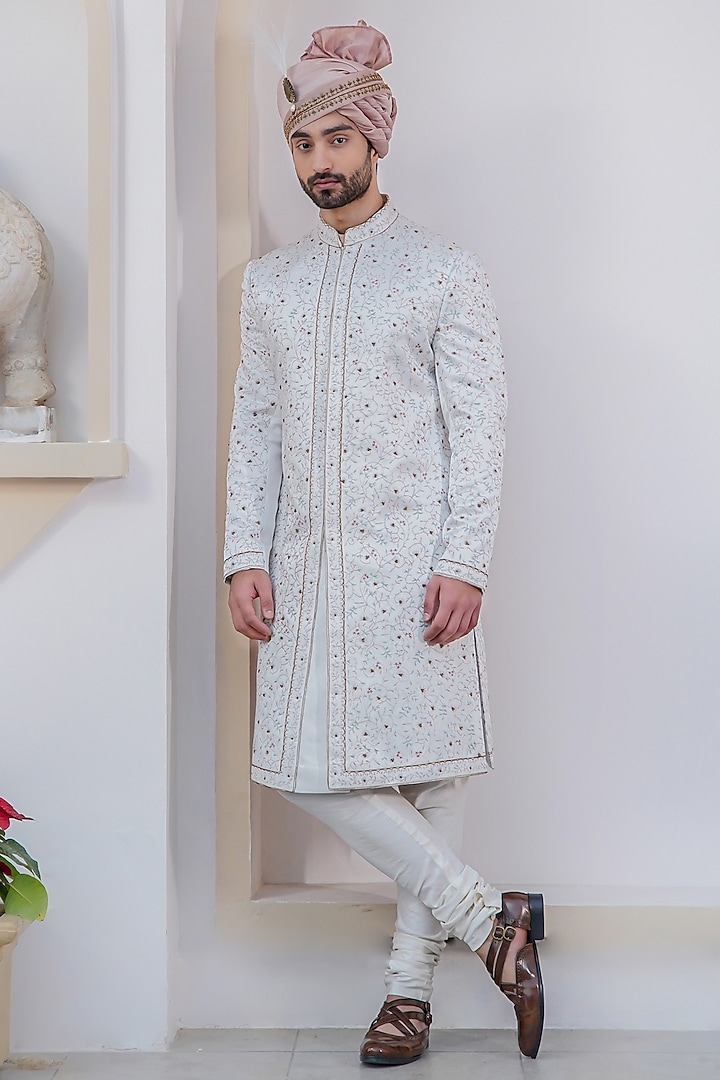 Ivory Linen Silk Hand Embroidered Sherwani Set by Jatin Malik