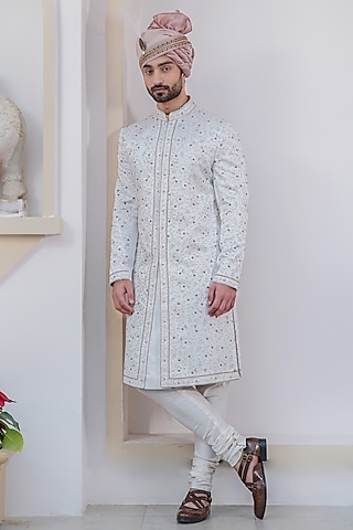 Ivory Linen Silk Hand Embroidered Sherwani Set by Jatin Malik