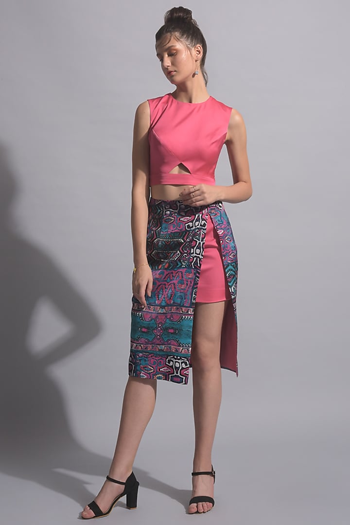 Teal Blue & Pink Polyester Skirt by Jan & April