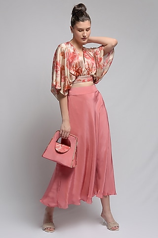Beige & Coral Floral Silk Crop Top by Jan & April