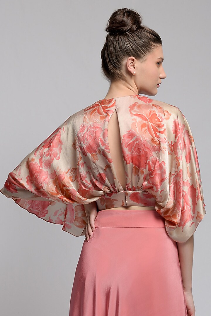 Beige & Coral Floral Silk Crop Top by Jan & April at Pernia's Pop Up Shop