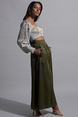 Olive Green Flared Trousers by Jan & April