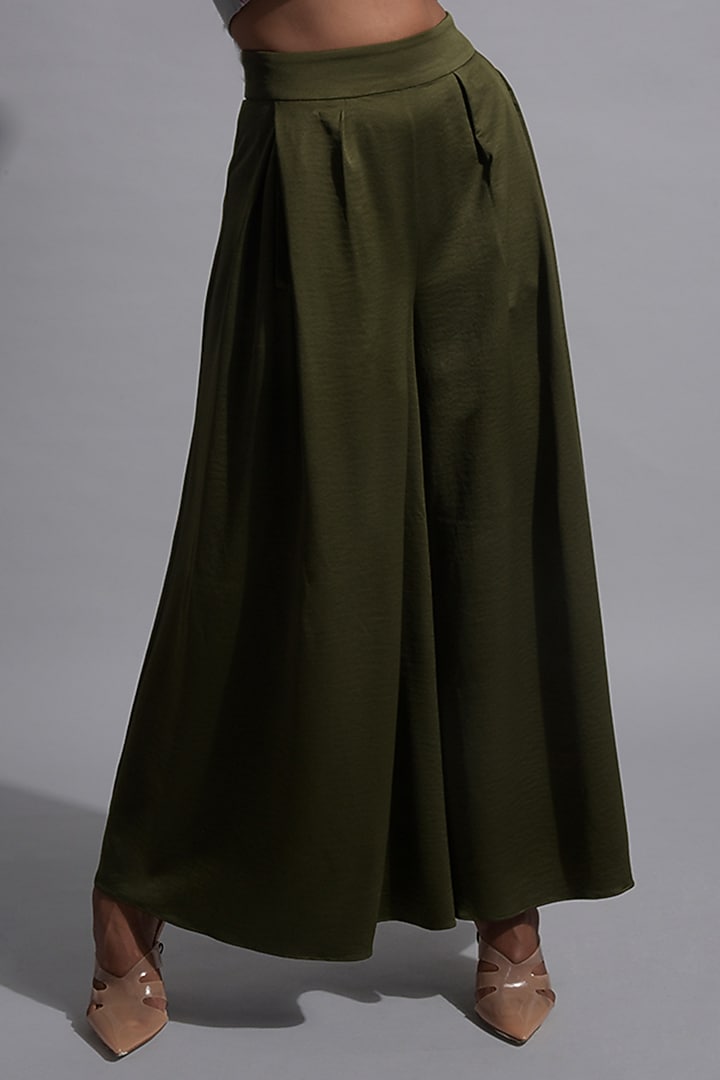 Olive Green Flared Trousers by Jan & April at Pernia's Pop Up Shop