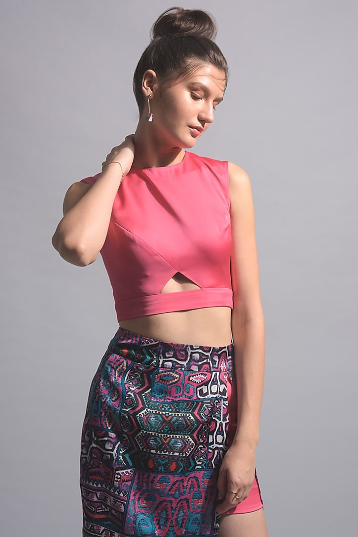 Coral Pink Polyester Crop Top by Jan & April at Pernia's Pop Up Shop