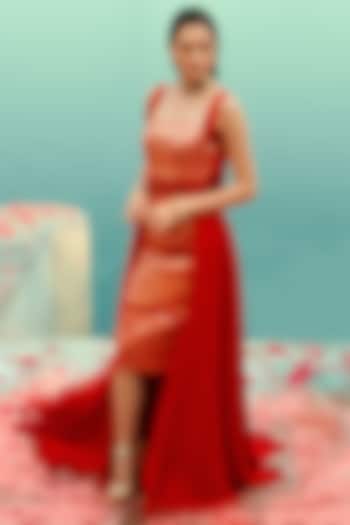 Red Handcrafted Bridal Gown With Skirt by Jan & April