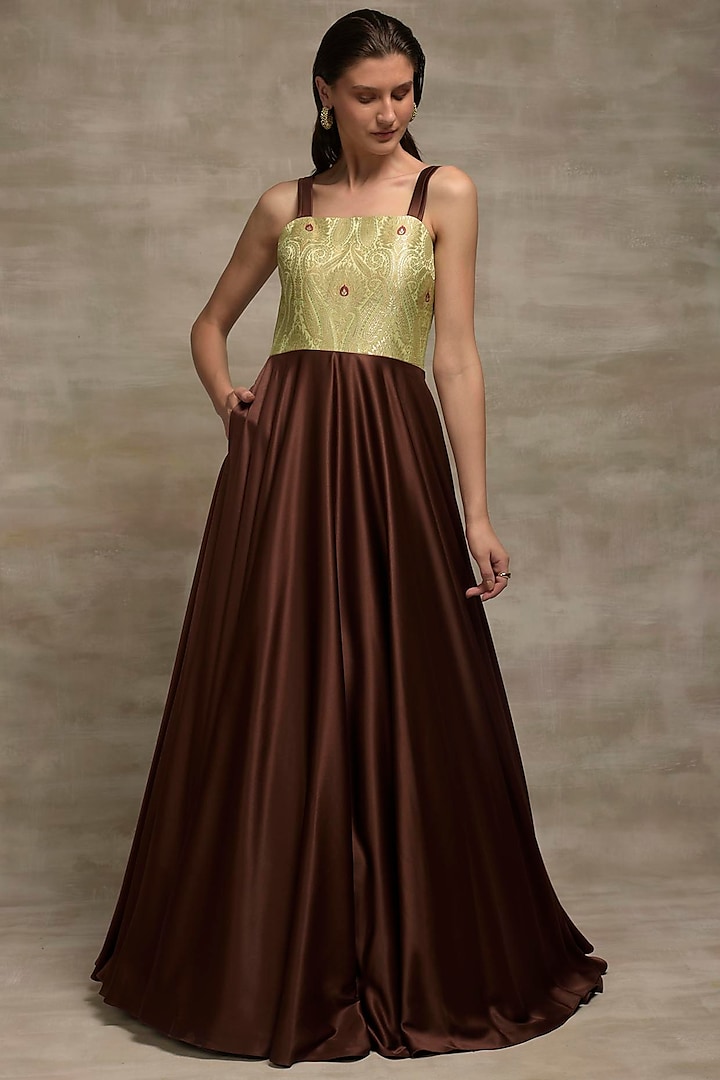 Brown  Silk Kimkhab Ball Gown by Jan & April