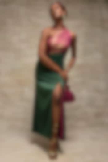 Emerald Green & Pink One-Shoulder Gown by Jan & April