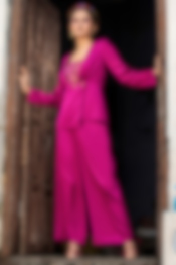 Fuchsia Kimkhab & Satin Pant Set by Jan & April at Pernia's Pop Up Shop
