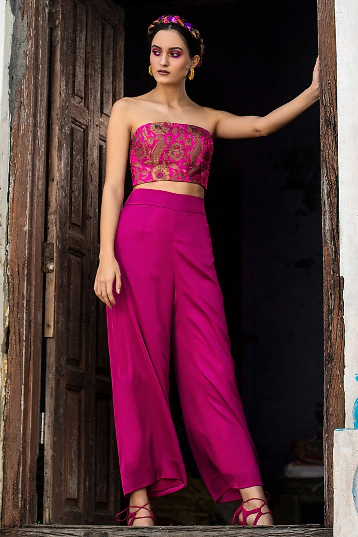 Fuchsia Kimkhab & Satin Pant Set by Jan & April at Pernia's Pop Up Shop