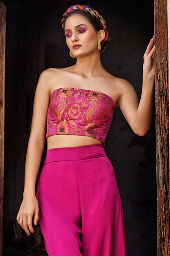 Fuchsia Kimkhab & Satin Pant Set by Jan & April at Pernia's Pop Up Shop
