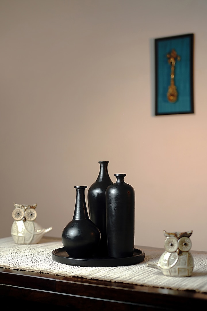 Black Blackened Terracotta Vase Set (Set of 4) by Jin and Company at Pernia's Pop Up Shop