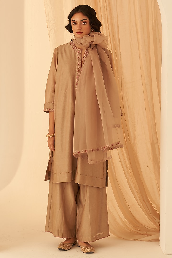 Champagne Chanderi Hand Embroidered Kurta Set by JANKI INDIA at Pernia's Pop Up Shop