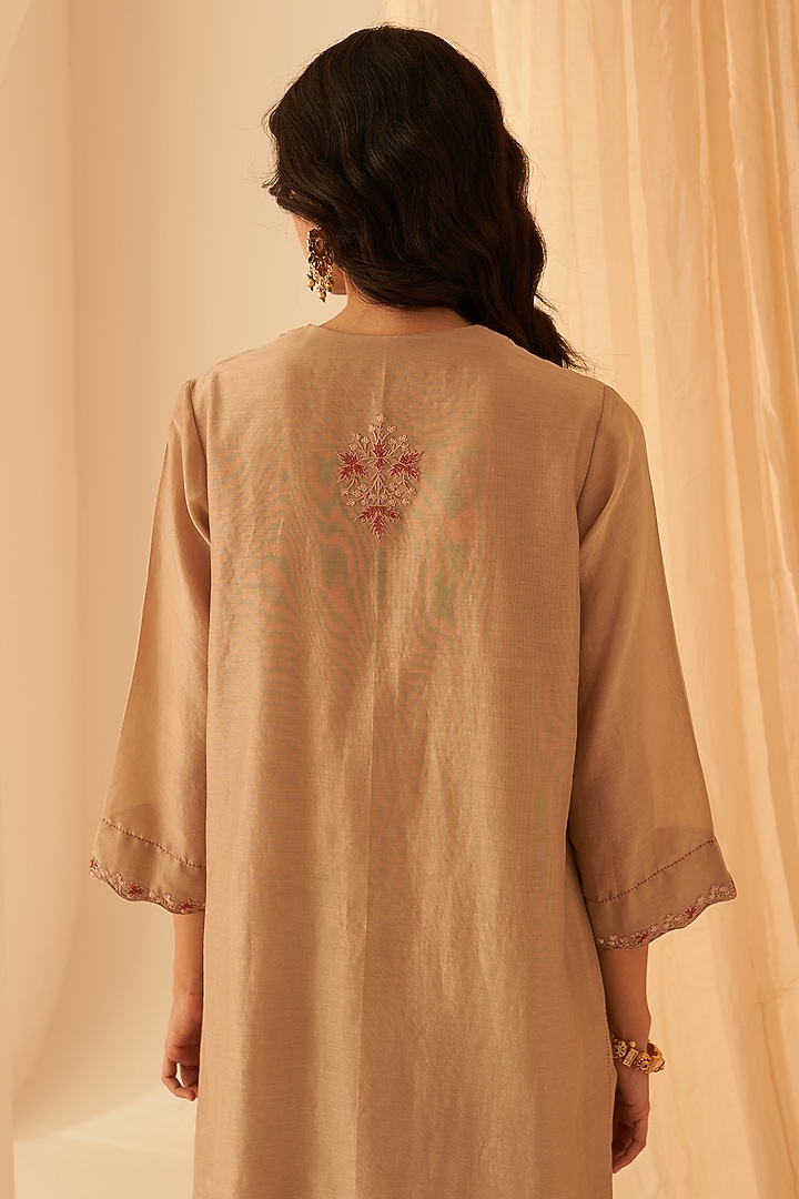 Champagne Chanderi Hand Embroidered Kurta Set by JANKI INDIA at Pernia's Pop Up Shop