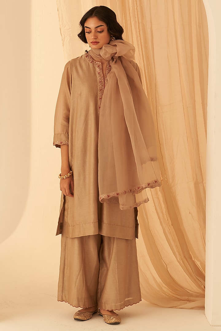Champagne Chanderi Hand Embroidered Kurta Set by JANKI INDIA at Pernia's Pop Up Shop