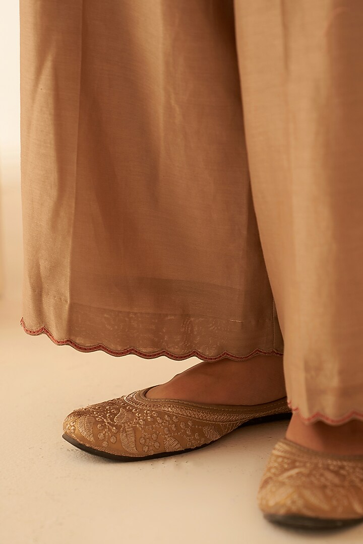 Champagne Chanderi Hand Embroidered Kurta Set by JANKI INDIA at Pernia's Pop Up Shop