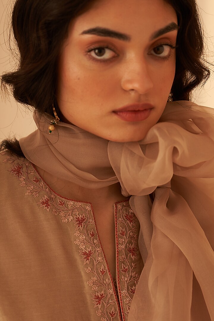 Champagne Chanderi Hand Embroidered Kurta Set by JANKI INDIA at Pernia's Pop Up Shop