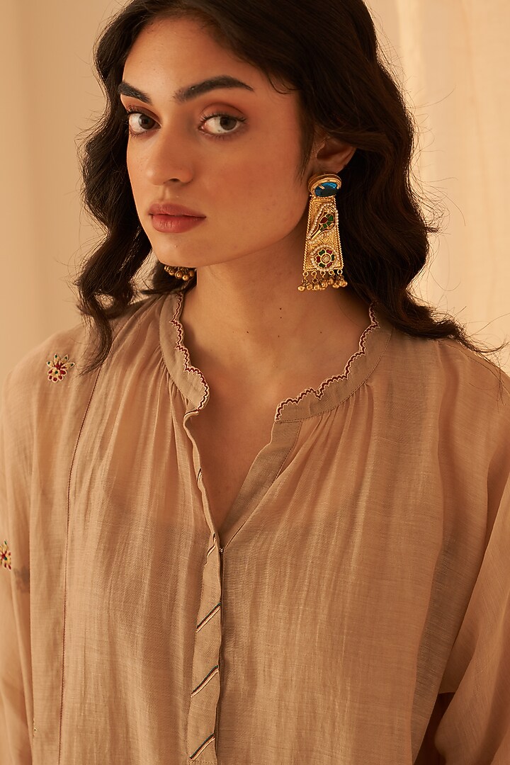 Champagne Chanderi Floral Boota Embroidered Tunic Set by JANKI INDIA at Pernia's Pop Up Shop