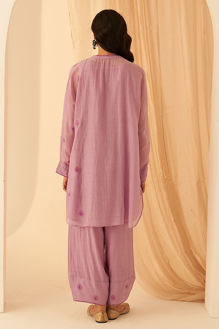 Lilac Chanderi Floral Boota Embroidered Tunic Set by JANKI INDIA at Pernia's Pop Up Shop