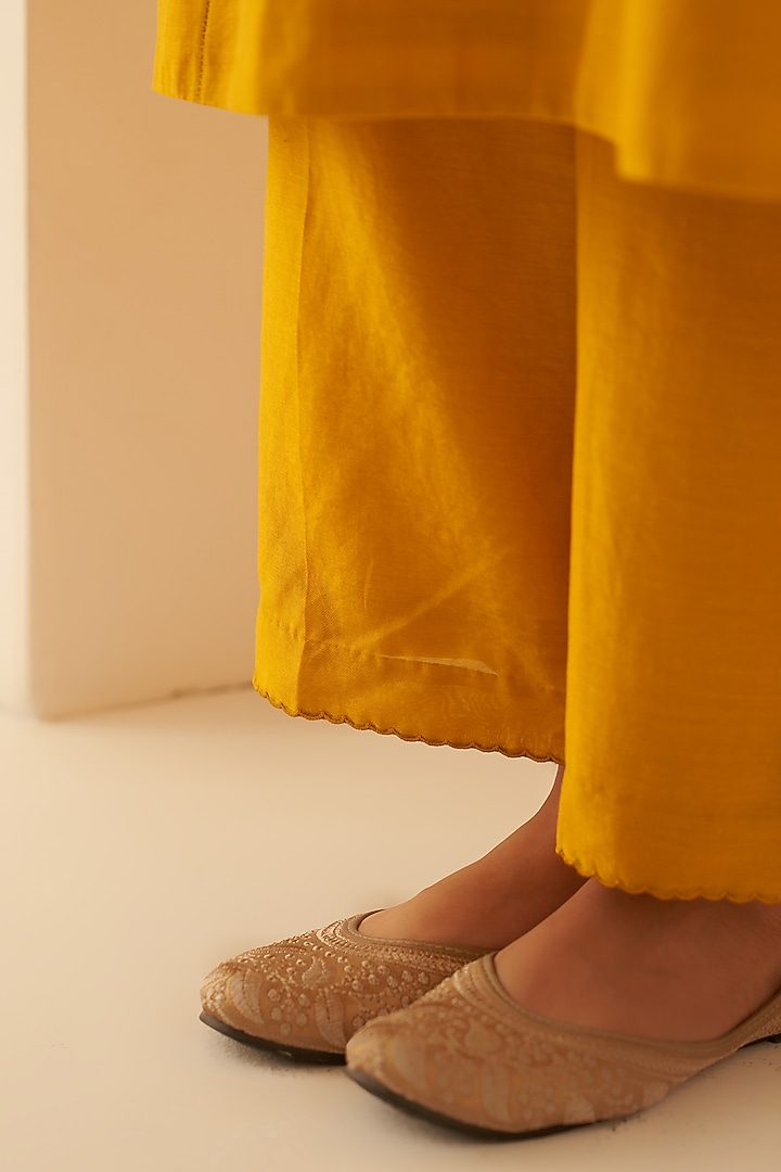 Mustard Chanderi Floral Kantha Embroidered Kurta Set by JANKI INDIA at Pernia's Pop Up Shop