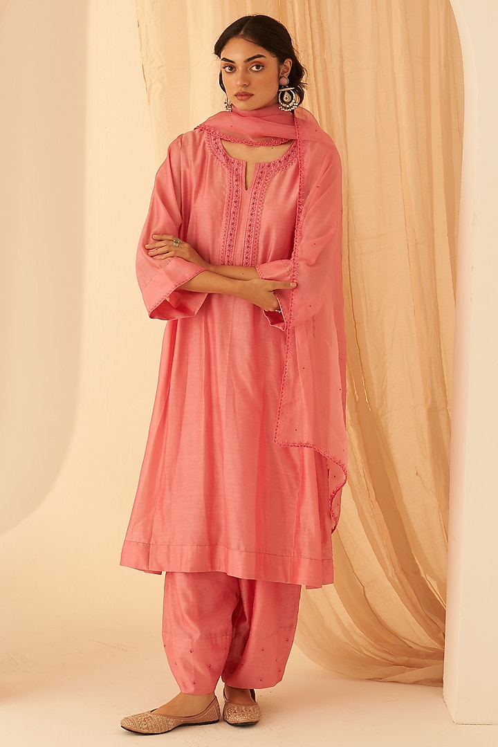 Pink Chanderi Zardosi Hand Embroidered Kurta Set by JANKI INDIA at Pernia's Pop Up Shop