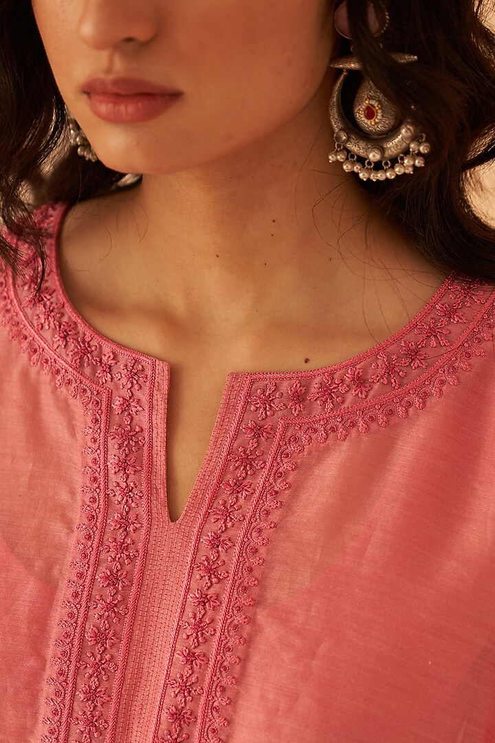 Pink Chanderi Zardosi Hand Embroidered Kurta Set by JANKI INDIA at Pernia's Pop Up Shop