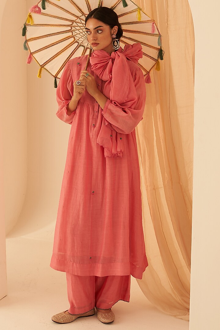 Pink Chanderi Embroidered Kurta Set by JANKI INDIA at Pernia's Pop Up Shop