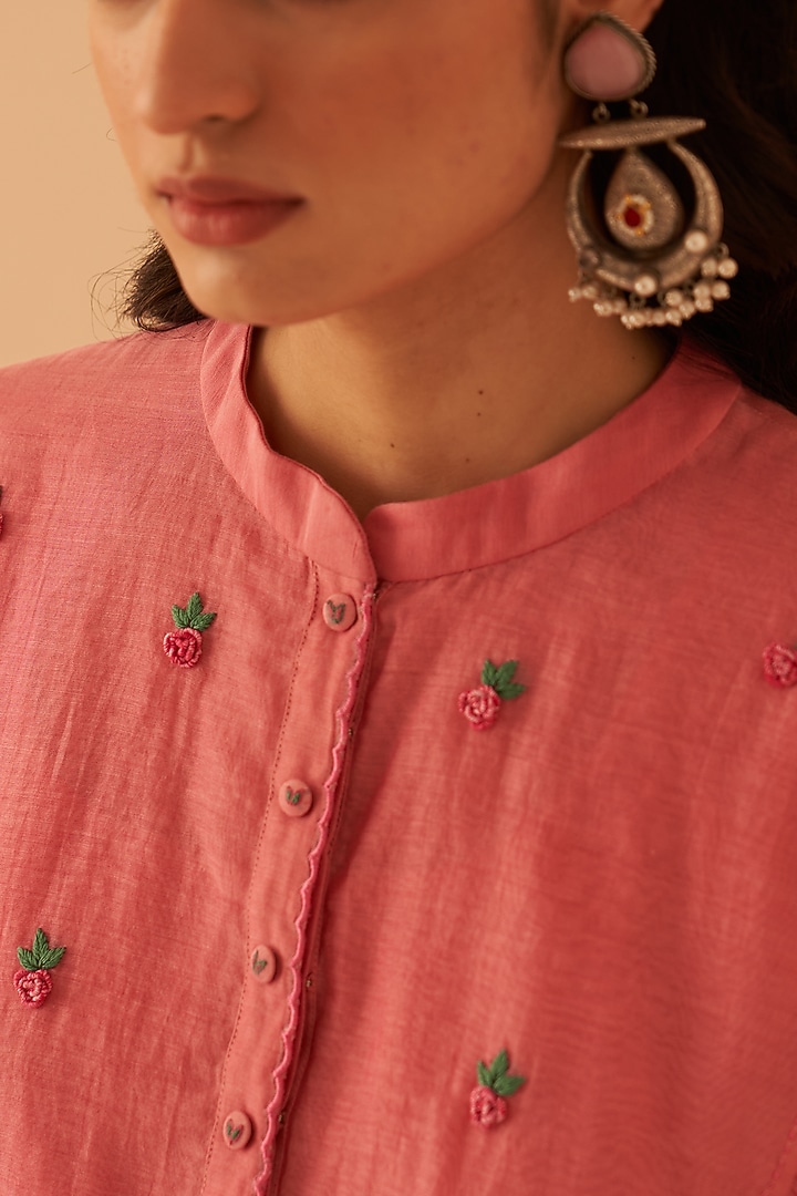 Pink Chanderi Embroidered Kurta Set by JANKI INDIA at Pernia's Pop Up Shop