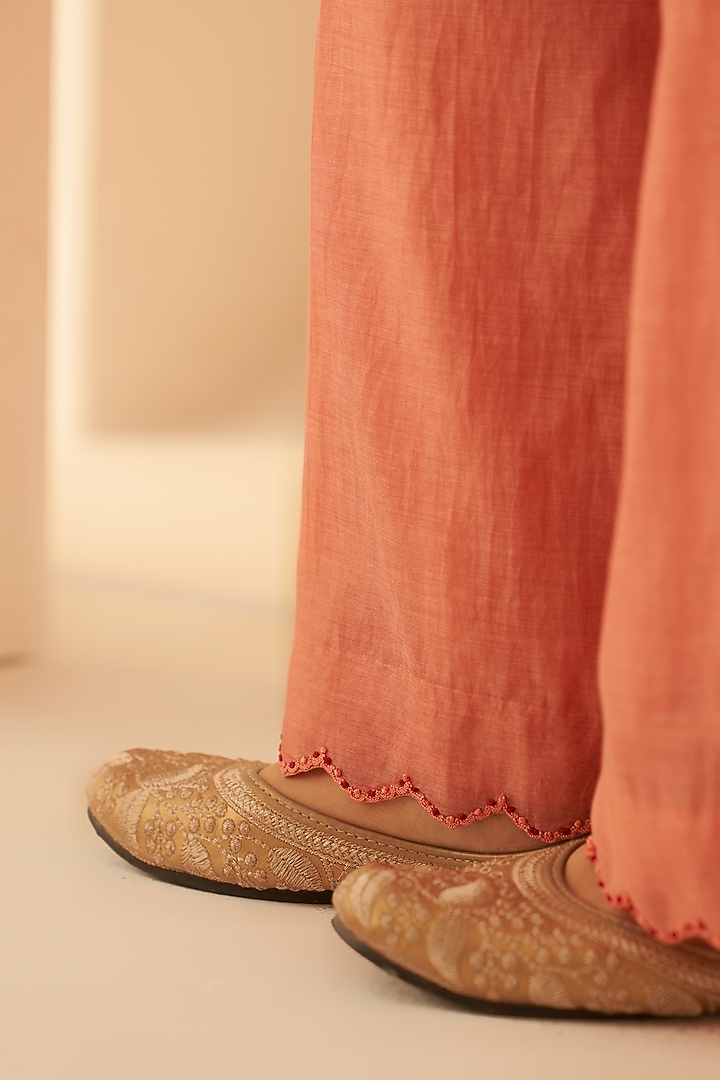 Peach Chanderi Floral Embroidered Kurta Set by JANKI INDIA at Pernia's Pop Up Shop