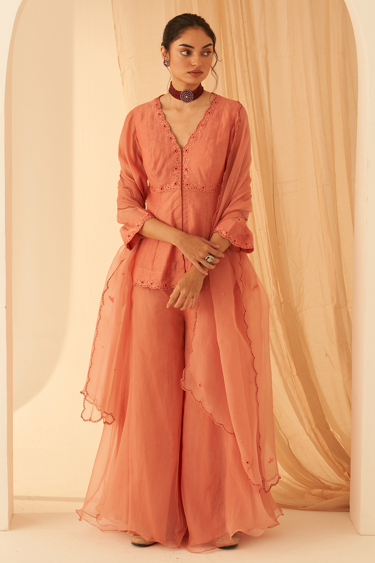 Peach Chanderi Flowy Wedding Sharara Set by JANKI INDIA at Pernia's Pop Up Shop