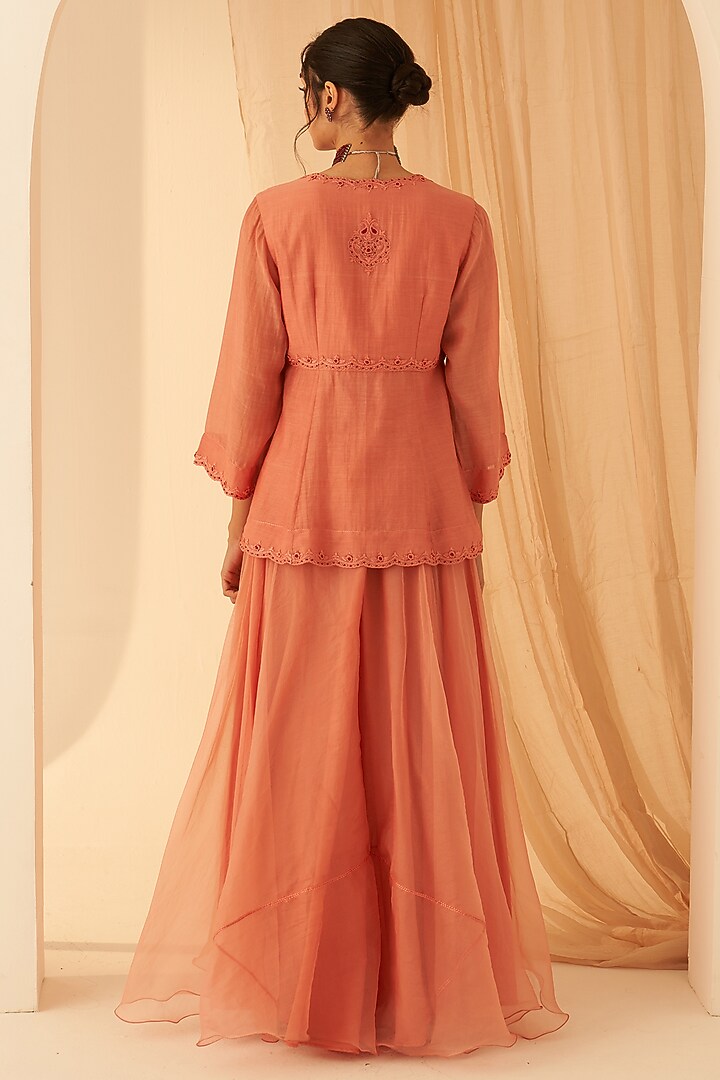 Peach Chanderi Flowy Wedding Sharara Set by JANKI INDIA at Pernia's Pop Up Shop