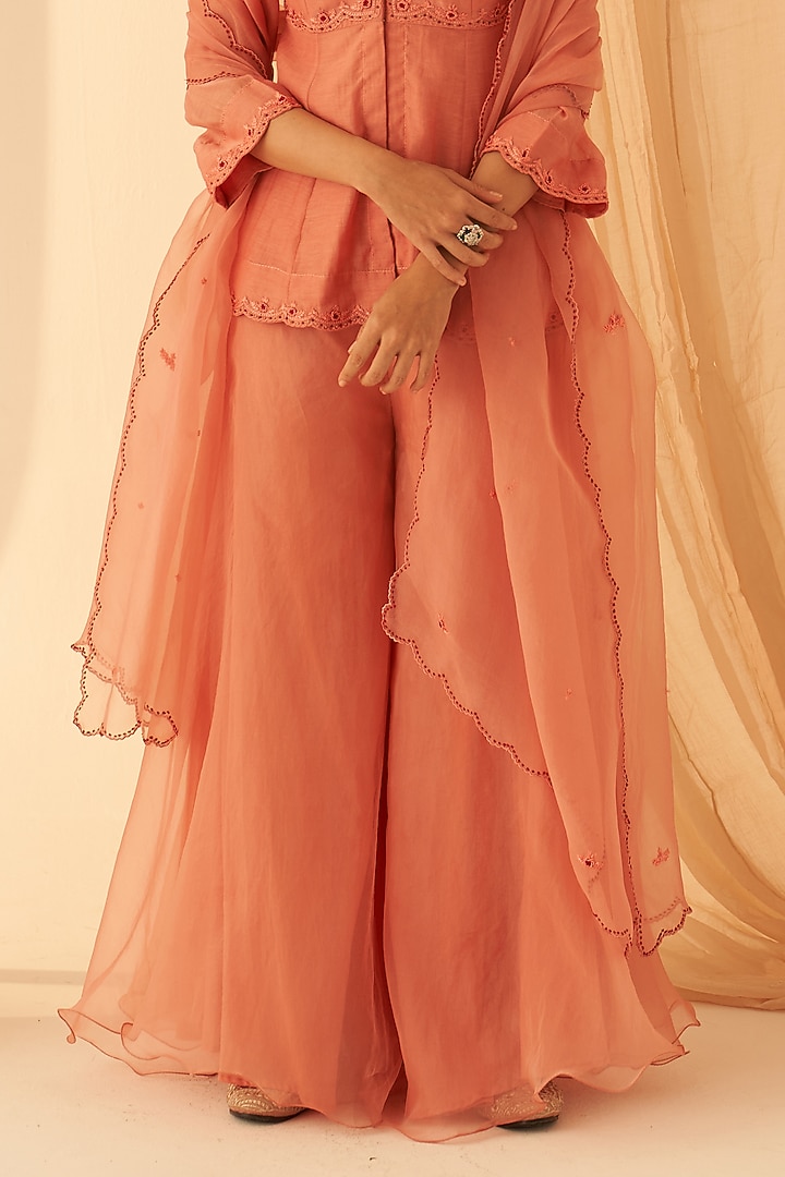 Peach Chanderi Flowy Wedding Sharara Set by JANKI INDIA at Pernia's Pop Up Shop
