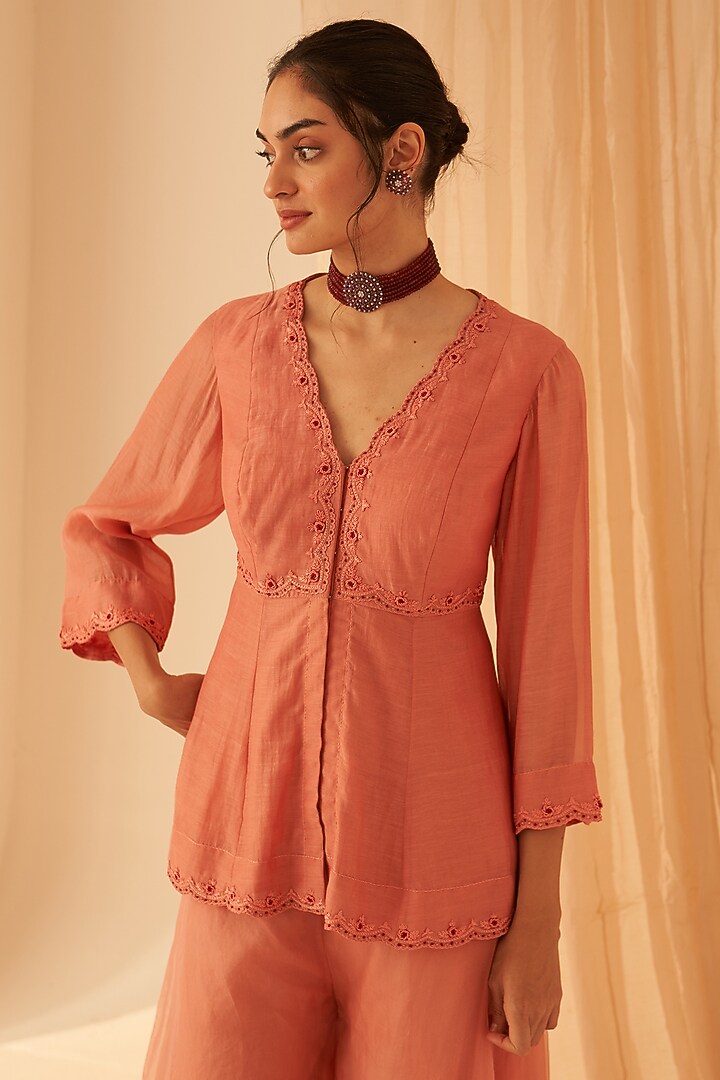 Peach Chanderi Flowy Wedding Sharara Set by JANKI INDIA at Pernia's Pop Up Shop