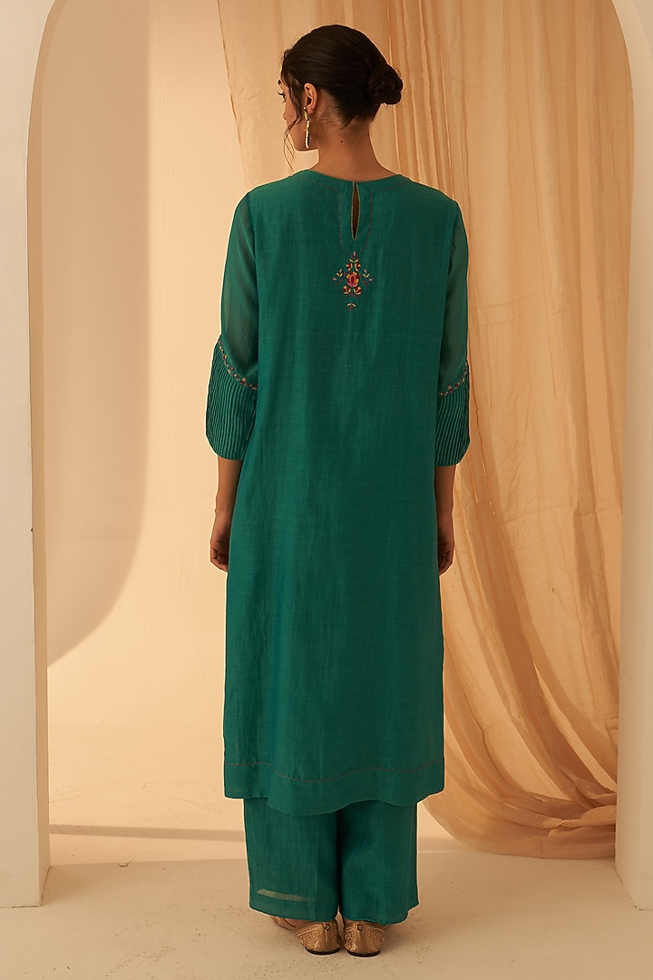Turquoise Chanderi Floral Embroidered Kurta Set by JANKI INDIA at Pernia's Pop Up Shop