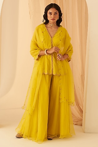 Lime Yellow Chanderi Thread Embroidered Kurta Set by JANKI INDIA