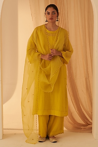 Lime Yellow Chanderi Handwork Kurta Set by JANKI INDIA
