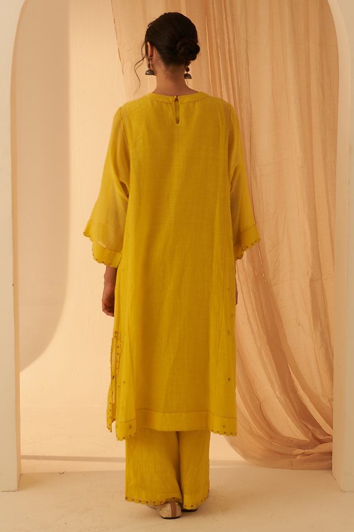 Lime Yellow Chanderi Handwork Kurta Set by JANKI INDIA at Pernia's Pop Up Shop