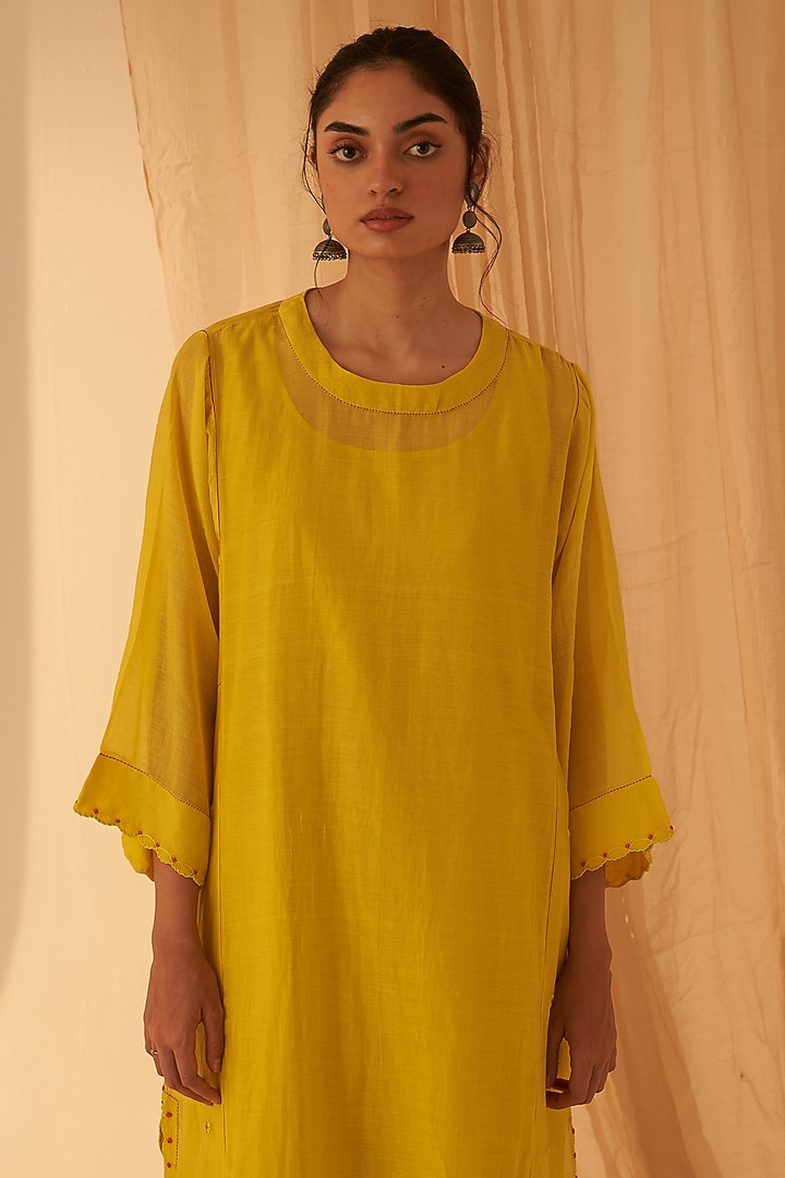 Lime Yellow Chanderi Handwork Kurta Set by JANKI INDIA at Pernia's Pop Up Shop