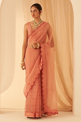 Peach Organza Aari Hand Embroidered Saree Set by JANKI INDIA