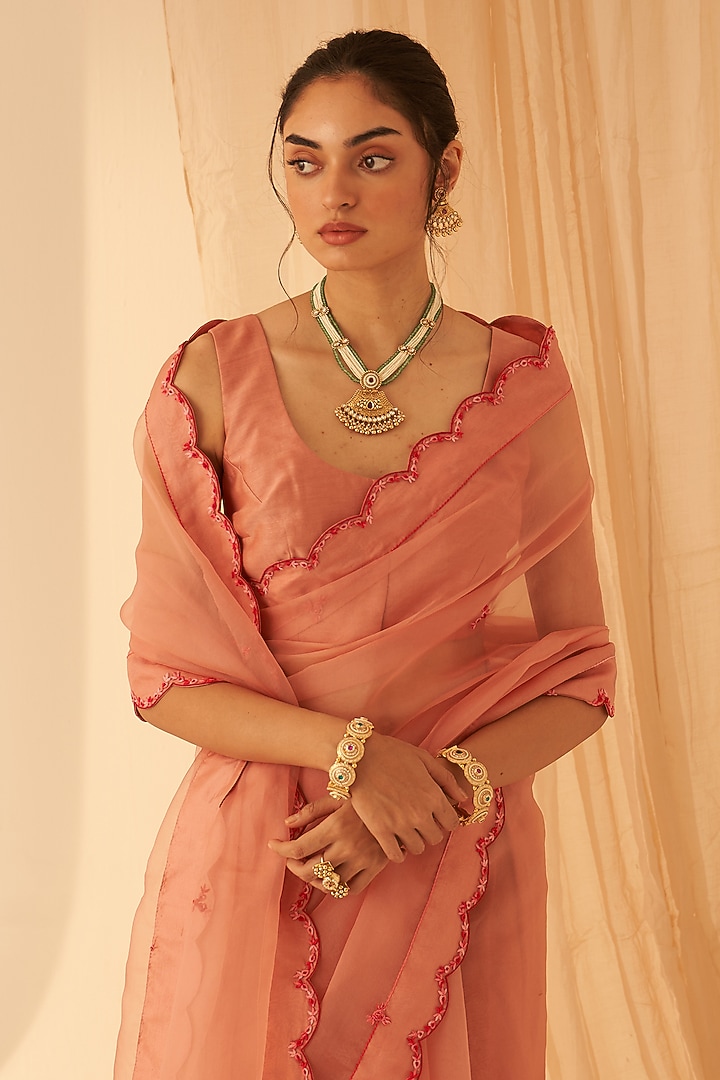 Peach Organza Aari Hand Embroidered Wedding Saree Set by JANKI INDIA at Pernia's Pop Up Shop