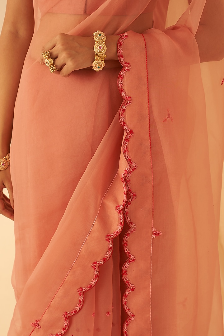 Peach Organza Aari Hand Embroidered Wedding Saree Set by JANKI INDIA at Pernia's Pop Up Shop